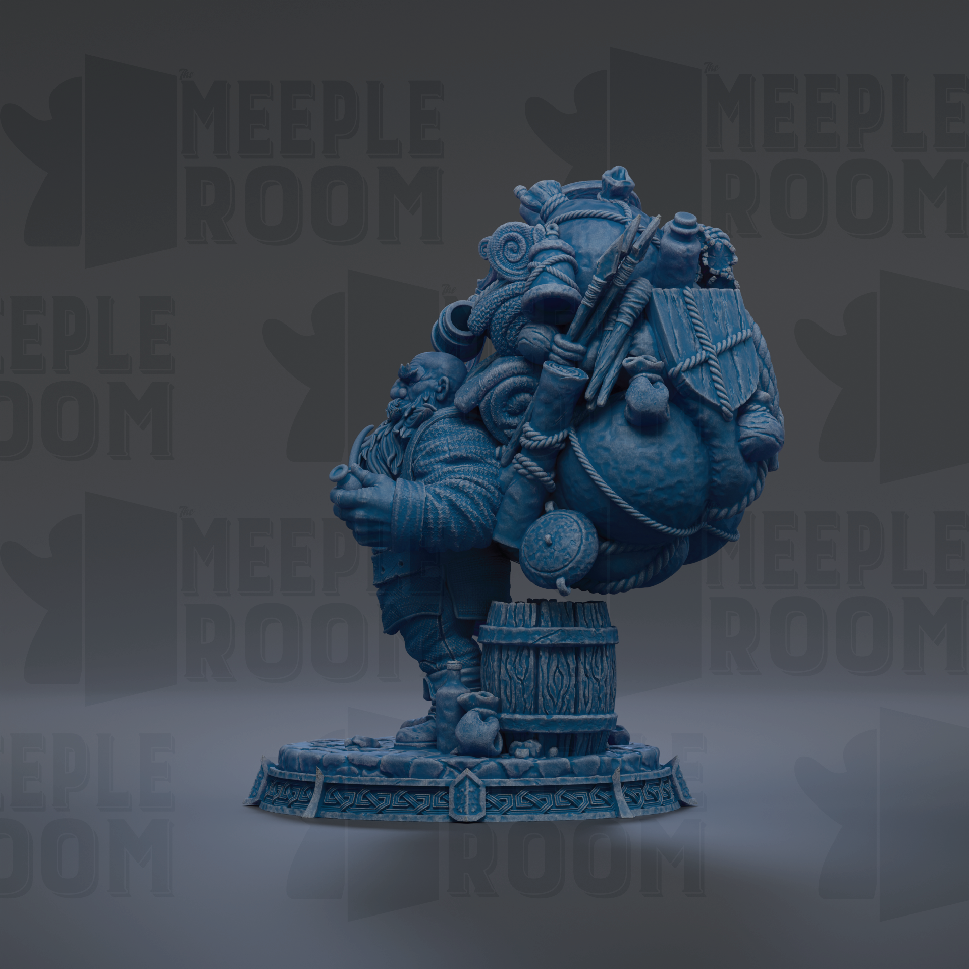 A blue statue of a person with a large bag on their back, standing on a platform.