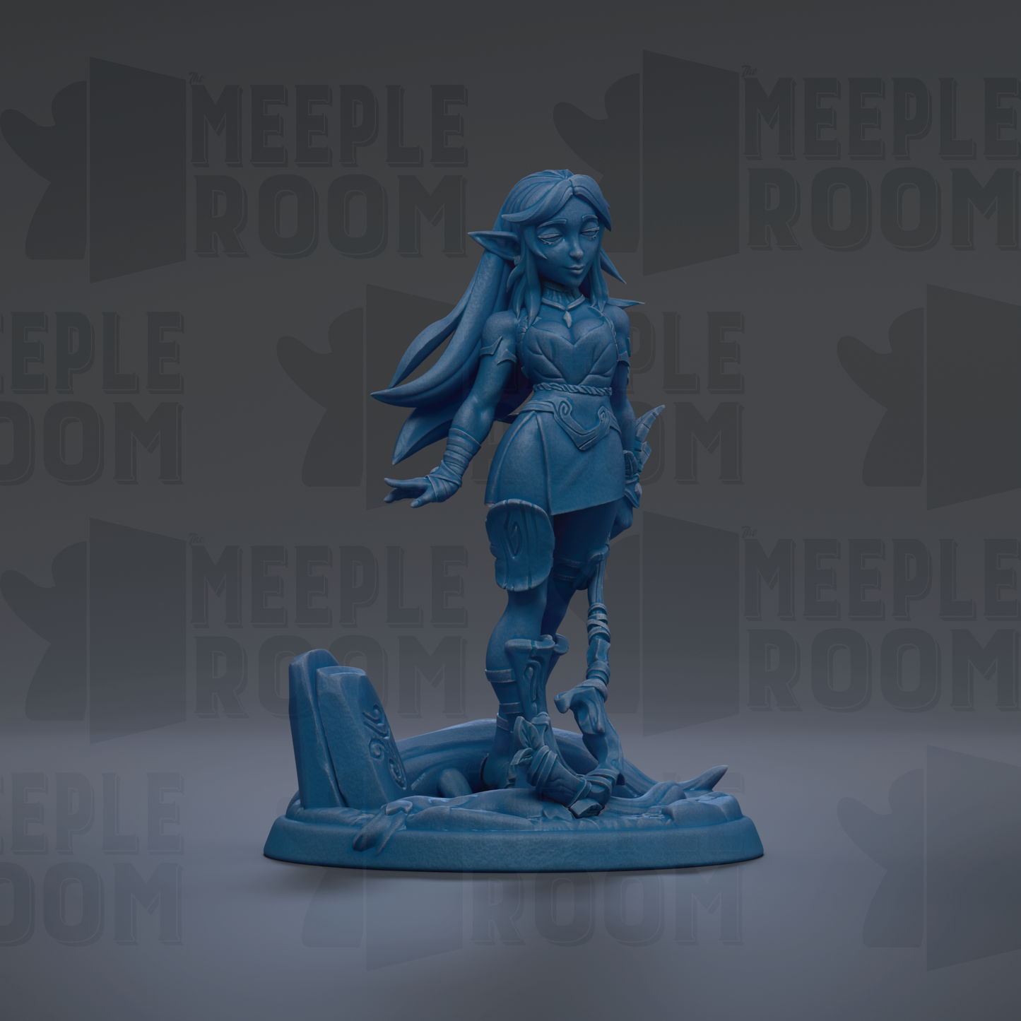 A blue figurine of a female character with long hair and a flowing skirt, standing on a base and holding a weapon.
