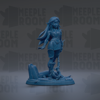 A blue figurine of a female character with long hair and a flowing skirt, standing on a base and holding a weapon.