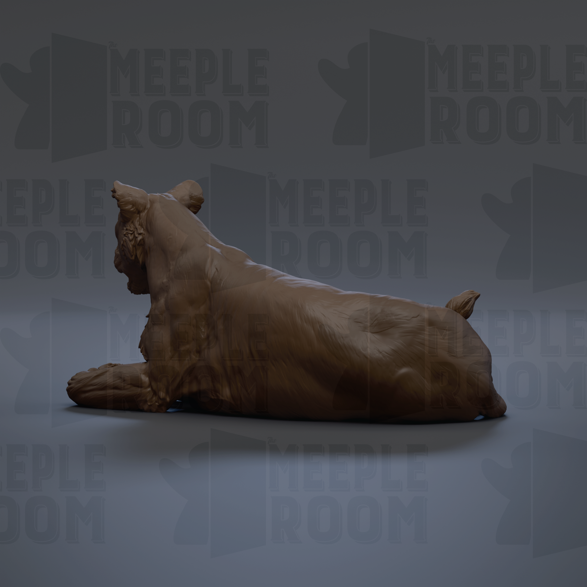 A 3D rendering of a lion statue, with the text "MEUPLE ROOM" repeated in the background.