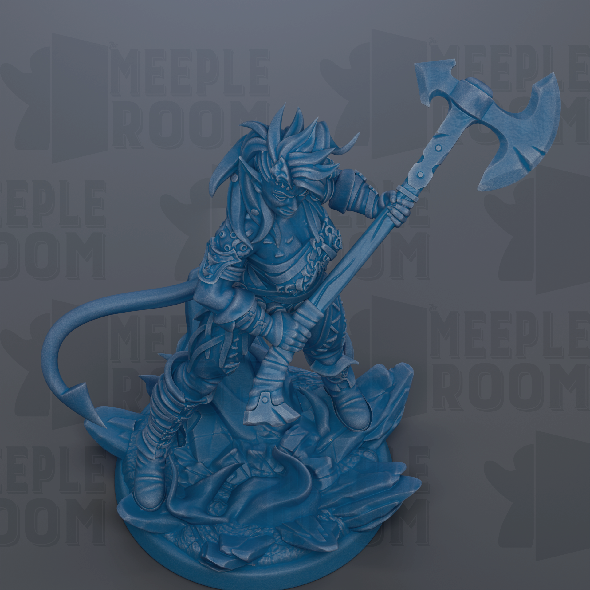 A blue figurine of a warrior wielding a large weapon, standing on a rocky base.