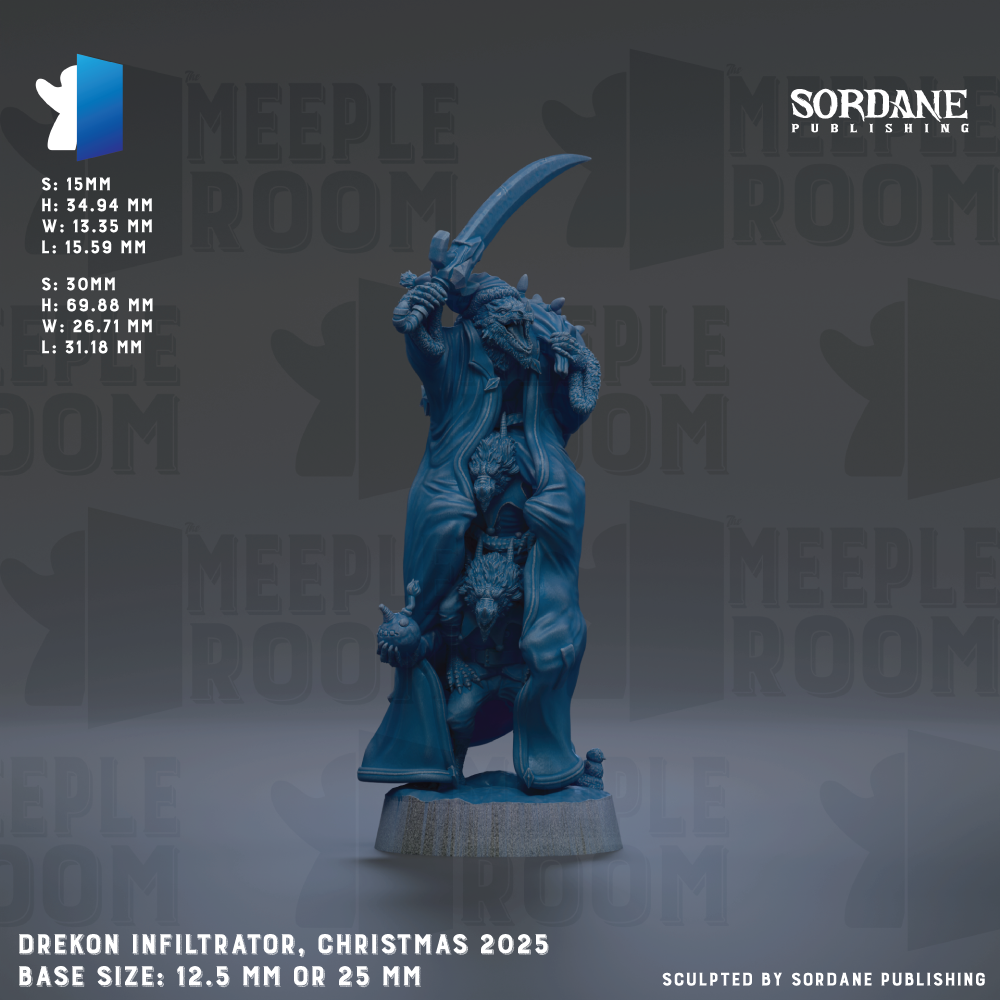 The image is a detailed 3D rendering of a figurine of a character from the video game "Drekon Infiltrator, Christmas 2025". The figurine is standing upright and holding a sword in its hand. The image is a collage of multiple images, and it is described as a base size of 12.5 mm or 25 mm. The image is published by Sordane Publishing.