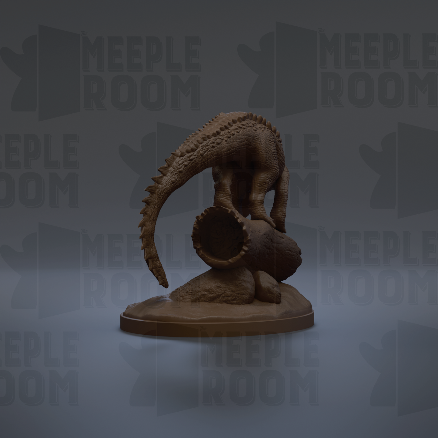 A 3D model of a dinosaur statue is displayed against a dark background with repeated text.