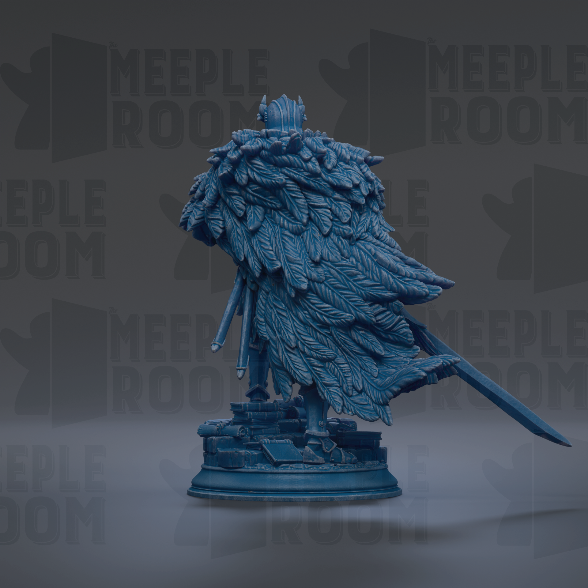 A blue statue of a winged figure with a large, intricate feather-like design on its back, standing on a pedestal.