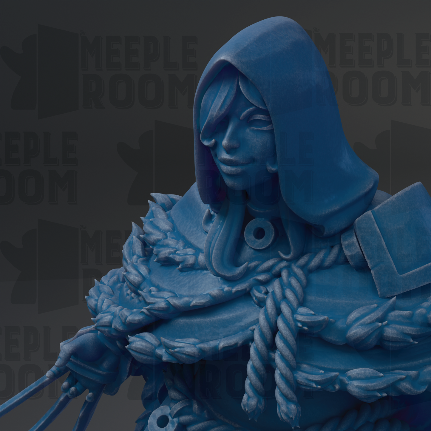A close-up of a blue, hooded figure with intricate details, including a scarf and a hood, against a dark background.