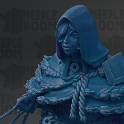 A close-up of a blue, hooded figure with intricate details, including a scarf and a hood, against a dark background.