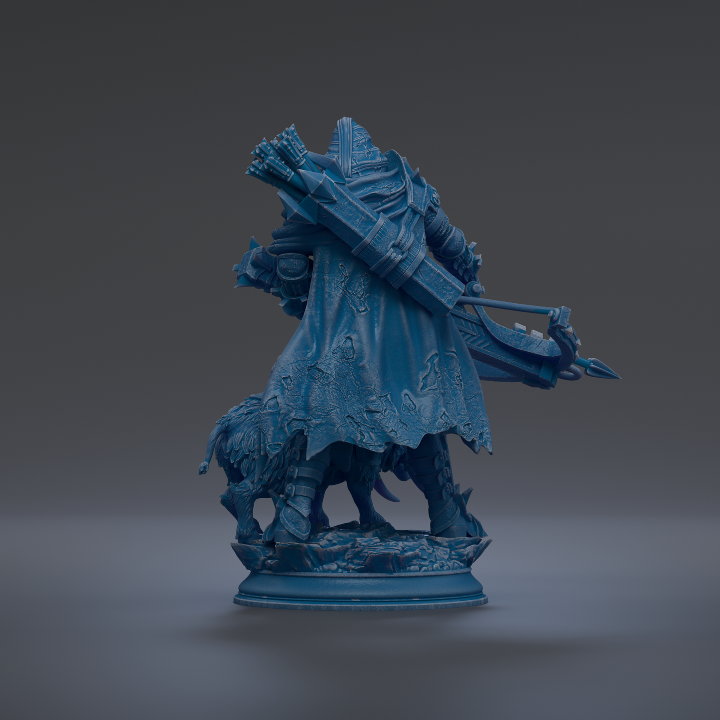 A 3D rendering of a blue statue depicting a figure with a bow and arrow, standing on a base.