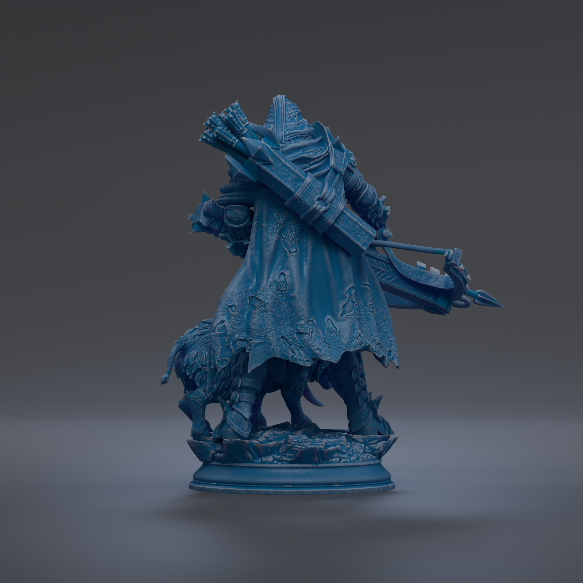 A 3D rendering of a blue statue depicting a figure with a bow and arrow, standing on a base.