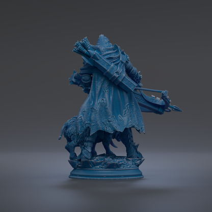 A 3D rendering of a blue statue depicting a figure with a bow and arrow, standing on a base.