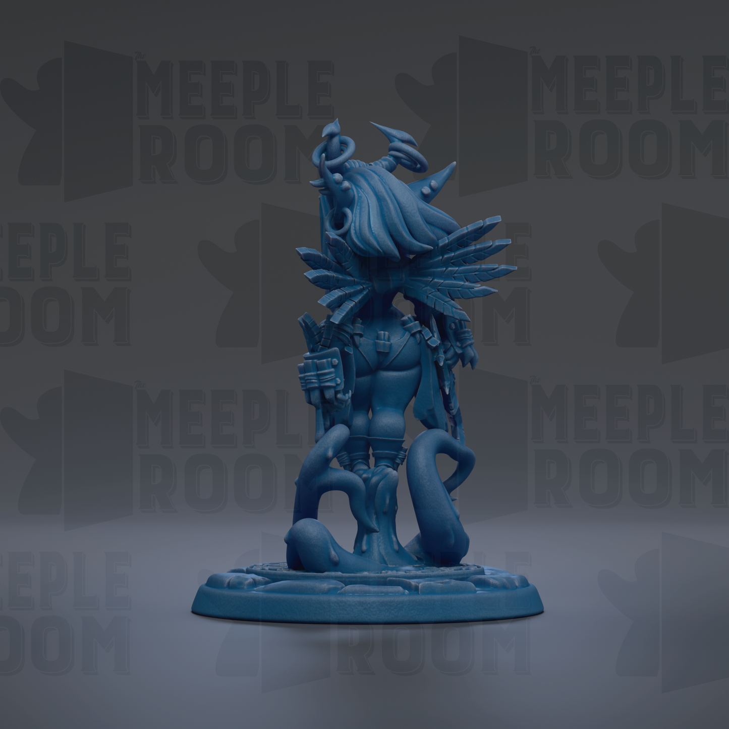 A blue figurine of a fantastical creature with intricate details and a unique design, set against a dark background with repeated text.