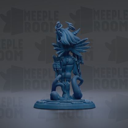 A blue figurine of a fantastical creature with intricate details and a unique design, set against a dark background with repeated text.