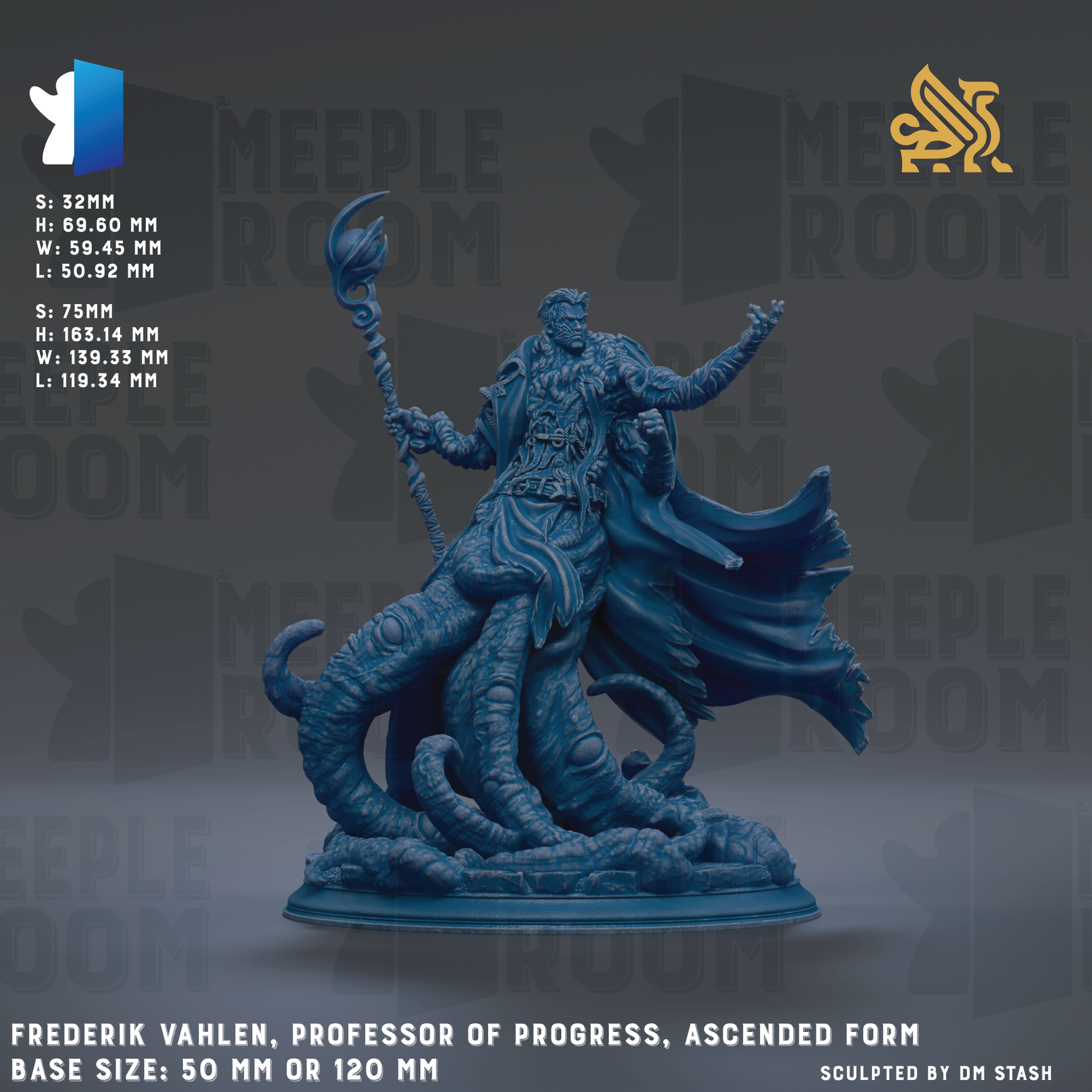The image is a 3D rendering of a statue of a professor of progress, wearing a flowing robe and holding a staff, standing on a pedestal. The statue is made of a blue material and depicts a figure with a long, flowing robe and a staff. The statue is described as a "base size: 50 mm or 120 mm" and is "sculpted by DM Stash".