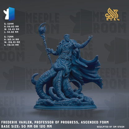 The image is a 3D rendering of a statue of a professor of progress, wearing a flowing robe and holding a staff, standing on a pedestal. The statue is made of a blue material and depicts a figure with a long, flowing robe and a staff. The statue is described as a "base size: 50 mm or 120 mm" and is "sculpted by DM Stash".