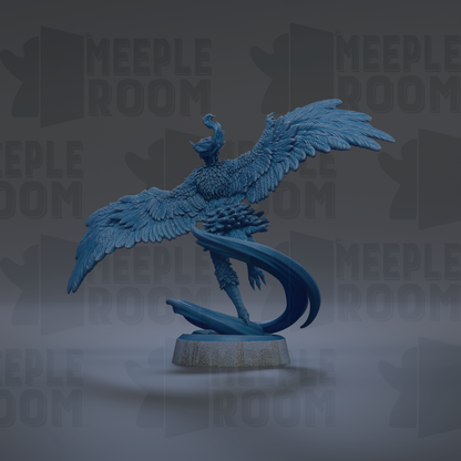 A blue, winged statue of a mythical creature, possibly a dragon or phoenix, standing on a pedestal against a dark background with repeated text.