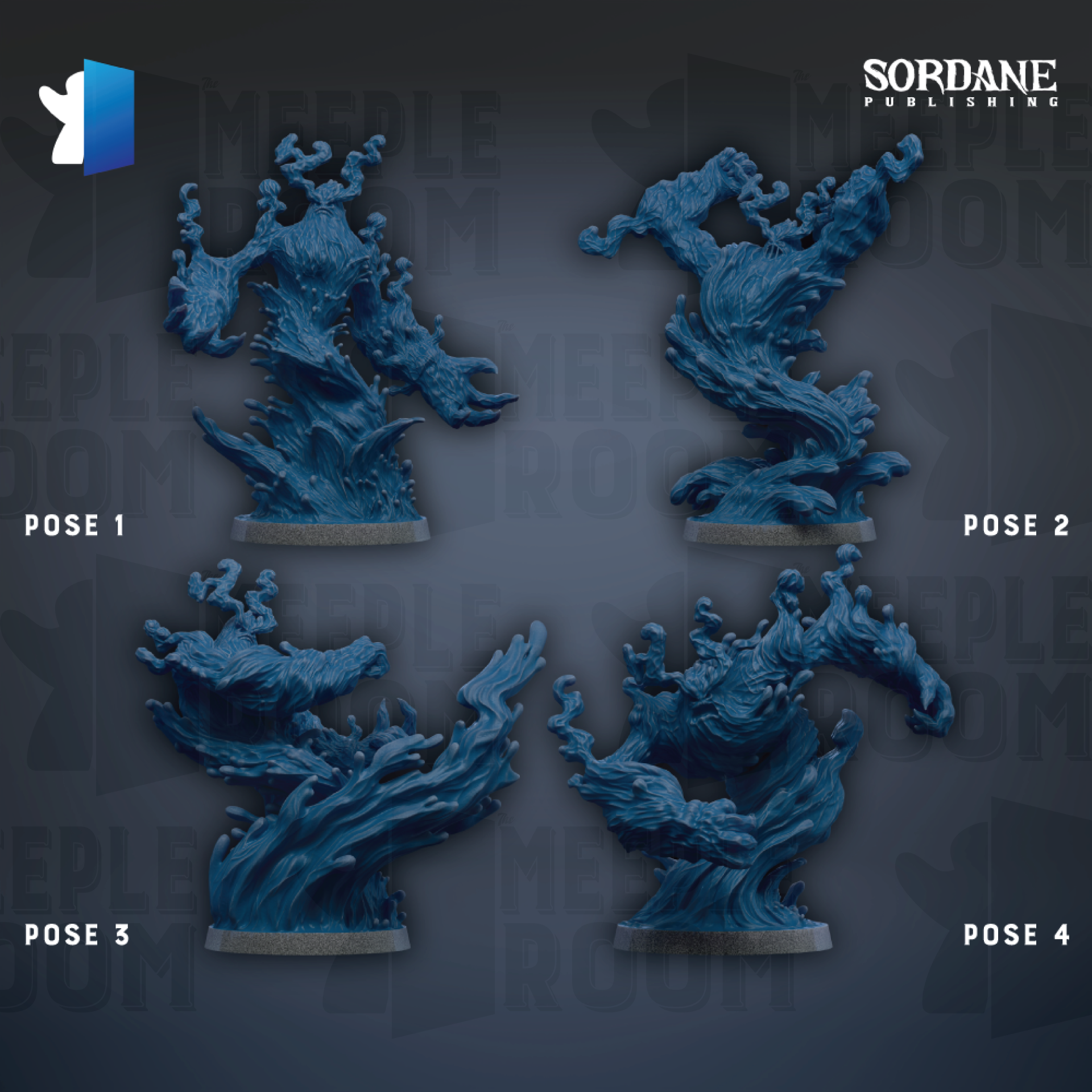 four blue figurines or statues, each with a unique pose, arranged in a grid-like pattern against a dark background.