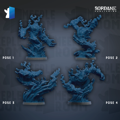 four blue figurines or statues, each with a unique pose, arranged in a grid-like pattern against a dark background.