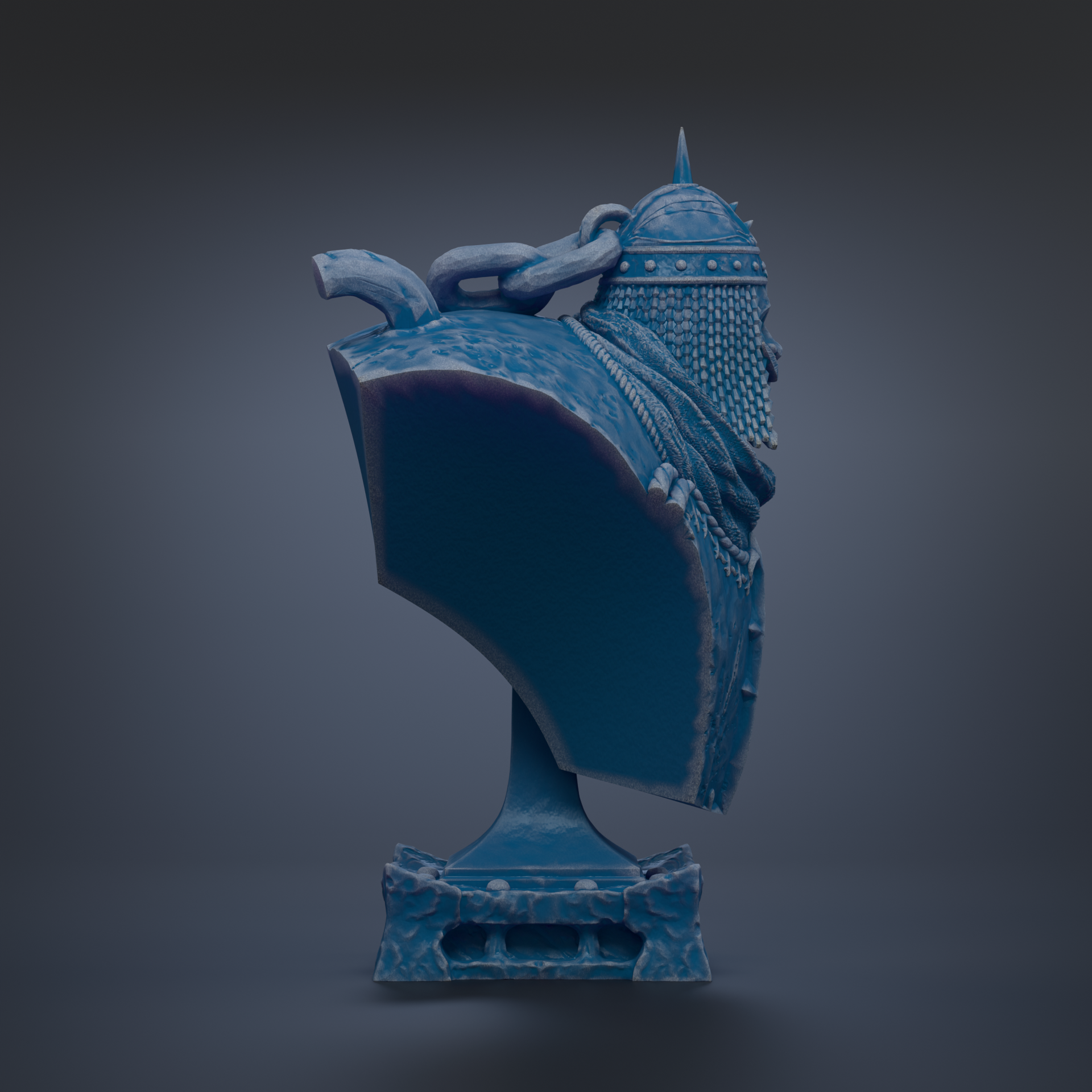 A blue bust of a person wearing a helmet with spikes, standing on a pedestal.