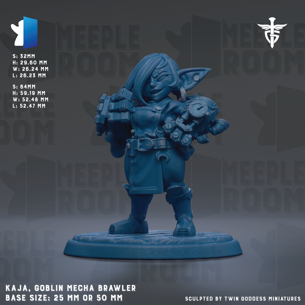 The image is a detailed 3D model of a blue mechanical figure, specifically a mecha brawler, with various attachments and accessories. The figure is standing on a base and appears to be made of a material that resembles metal or plastic. The image is described as a "mecha brawler" and is part of a collection of models, including a "mecha brawler base size: 25mm or 50mm". The image is described as a "collage of multiple images" and is "sculpted by twin goddess miniatures".
