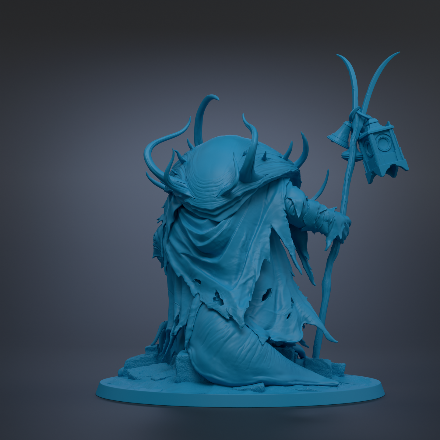 A 3D rendering of a fantastical creature with horns, a flowing robe, and a staff, set against a dark background.