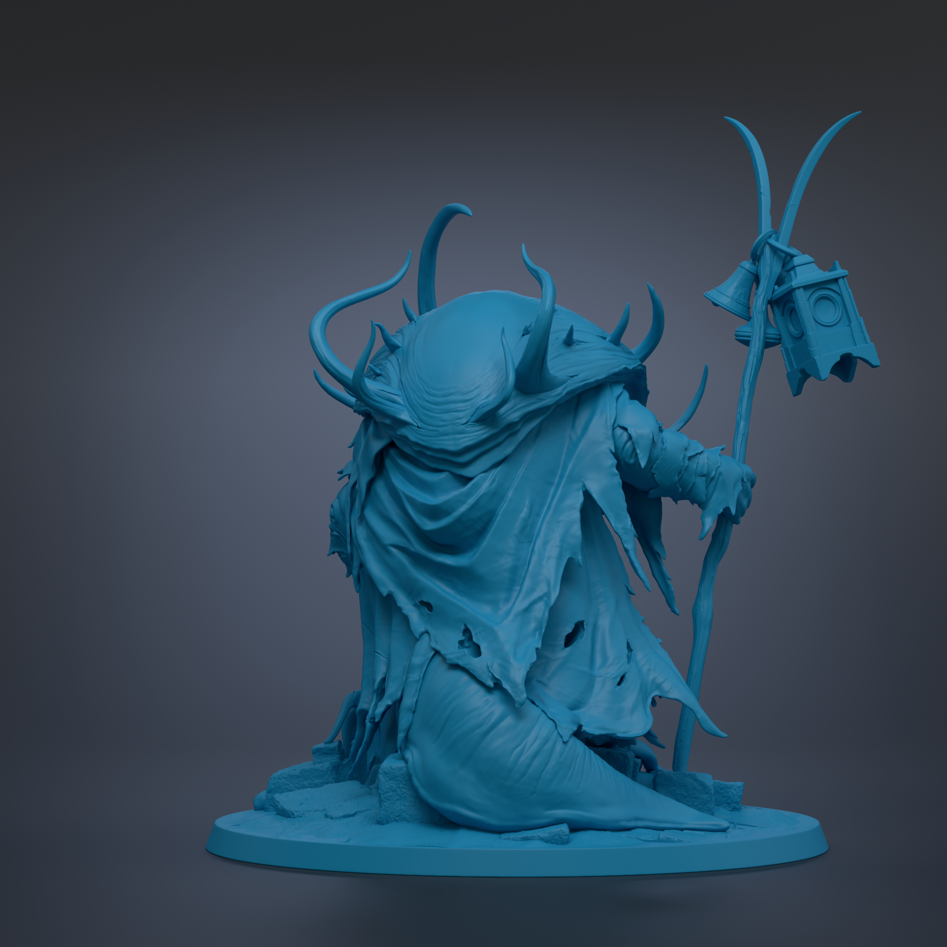 A 3D rendering of a fantastical creature with horns, a flowing robe, and a staff, set against a dark background.
