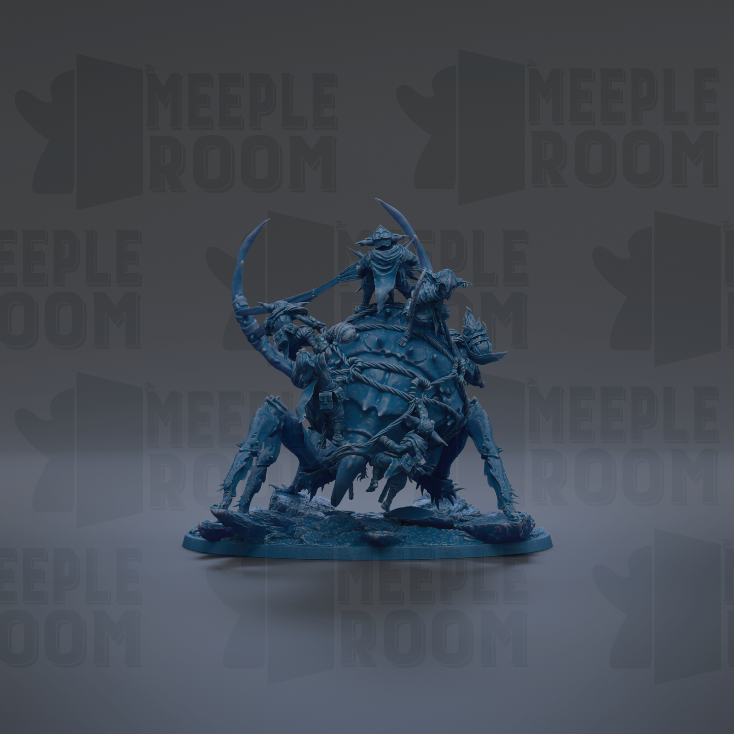 A dark blue, metallic figurine of a creature with a large head and long, curved horns, standing on a platform.