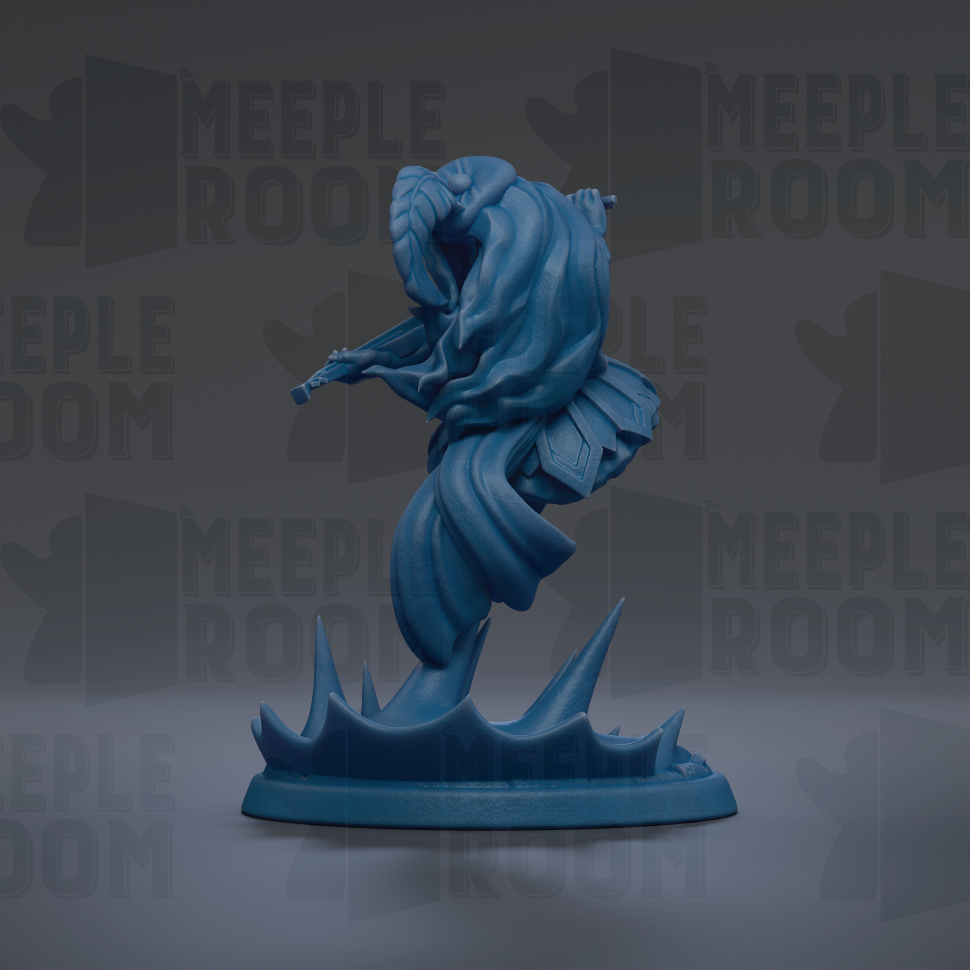 A blue figurine of a person playing a musical instrument, such as a guitar or flute, is shown against a dark background with repeated text.