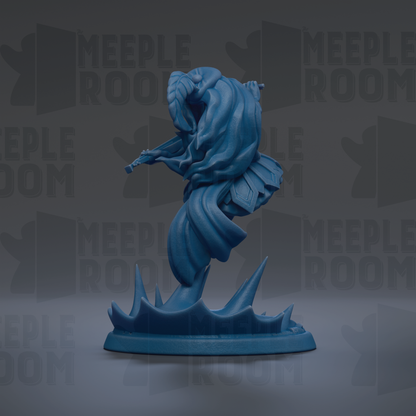 A blue figurine of a person playing a musical instrument, such as a guitar or flute, is shown against a dark background with repeated text.