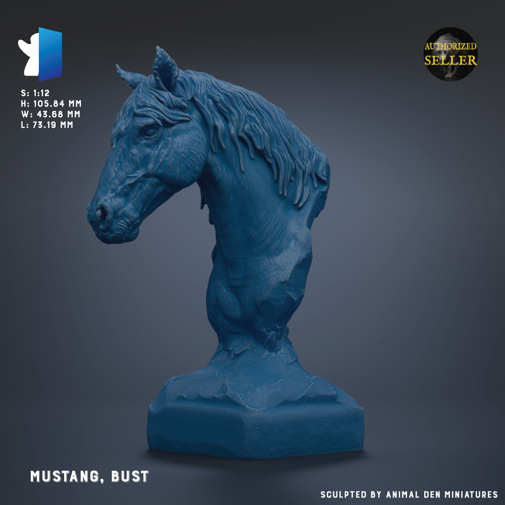 a blue sculpture of a horse's head, specifically a Mustang bust, against a dark background.