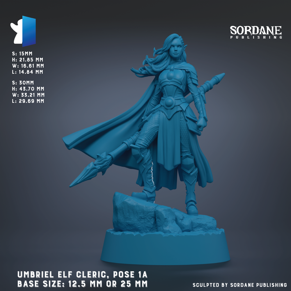 The image is a detailed 3D model of an elf-like character, specifically a female elf, posed in a dynamic stance with a spear in her hand. The character is standing on a rocky surface, and the image is in a blue color scheme. The image is described as a sculpture, and it is a pose of the character, likely from a fantasy or adventure game. The base size of the sculpture is either 12.5 mm or 25 mm, depending on the perspective. The image is published by Sordane Publishing.