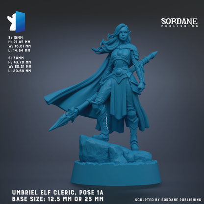 The image is a detailed 3D model of an elf-like character, specifically a female elf, posed in a dynamic stance with a spear in her hand. The character is standing on a rocky surface, and the image is in a blue color scheme. The image is described as a sculpture, and it is a pose of the character, likely from a fantasy or adventure game. The base size of the sculpture is either 12.5 mm or 25 mm, depending on the perspective. The image is published by Sordane Publishing.