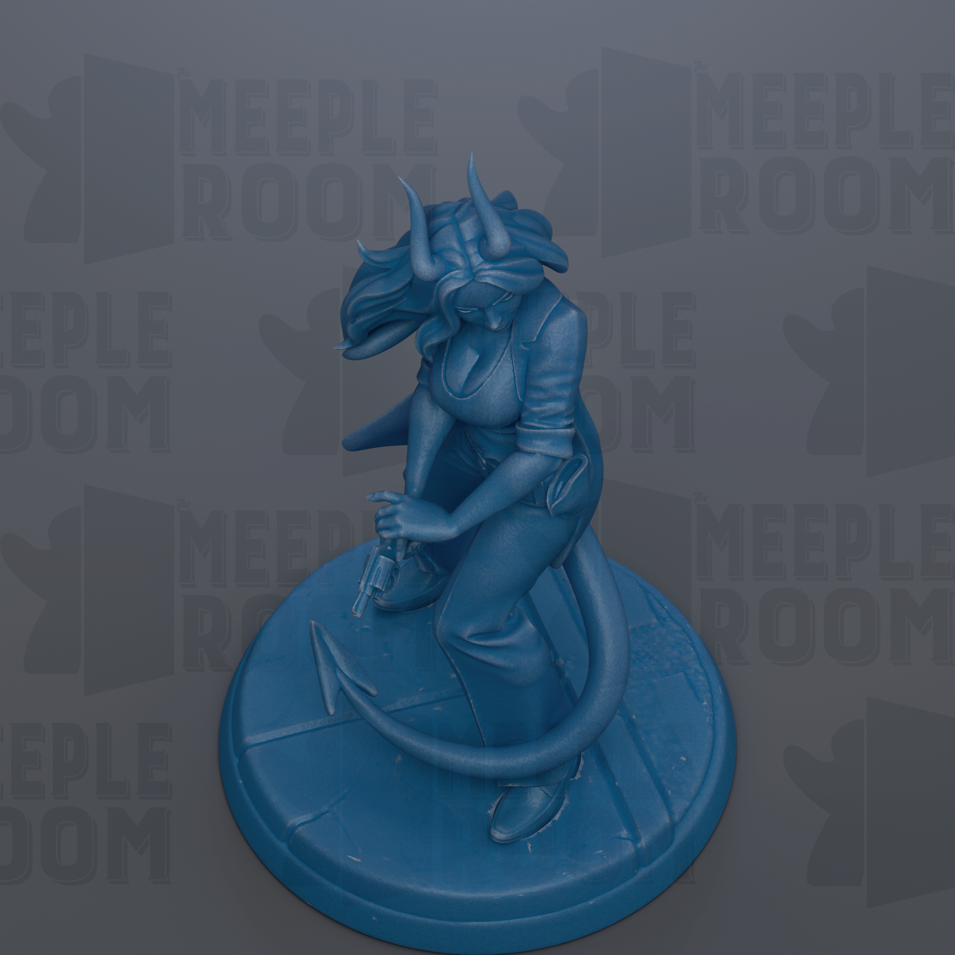 A blue figurine of a woman with horns, holding a weapon, is displayed on a blue base against a gray background with repeated text.