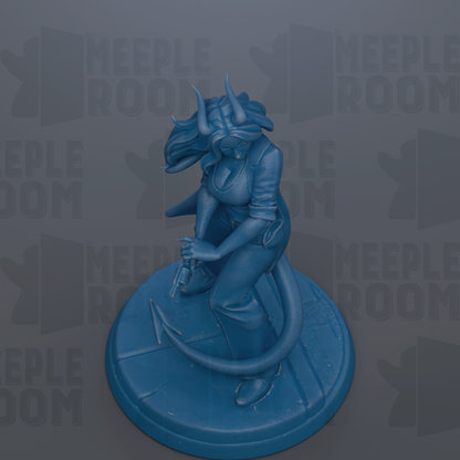 A blue figurine of a woman with horns, holding a weapon, is displayed on a blue base against a gray background with repeated text.