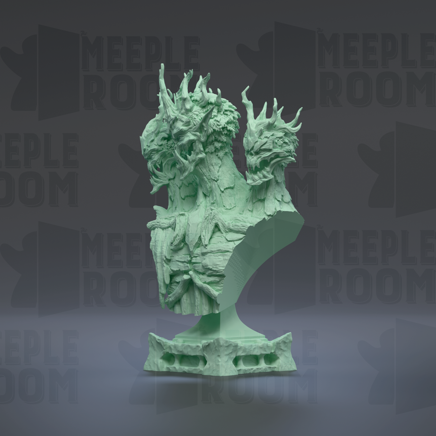 A 3D model of a green, sculpted dragon-like creature with intricate details and textures, displayed against a dark background with repeated text.