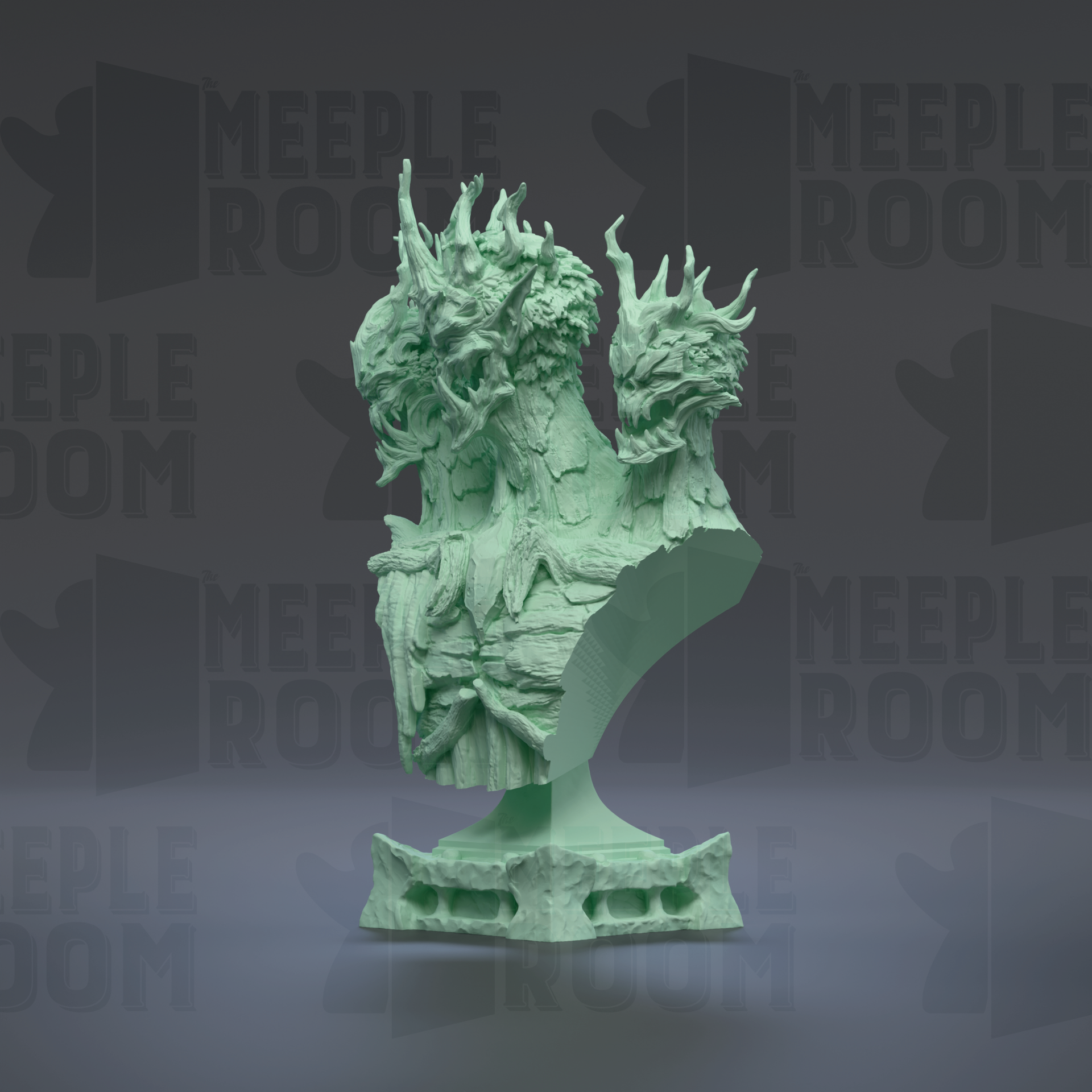 A 3D model of a green, sculpted dragon-like creature with intricate details and textures, displayed against a dark background with repeated text.