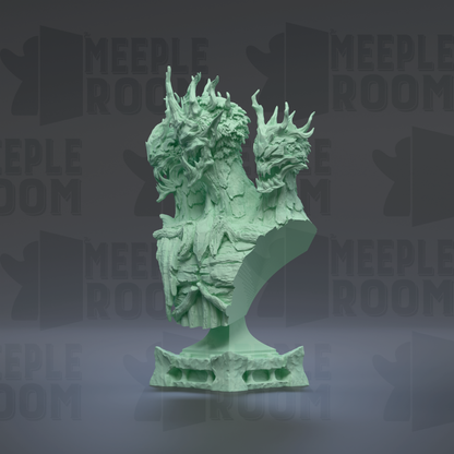 A 3D model of a green, sculpted dragon-like creature with intricate details and textures, displayed against a dark background with repeated text.