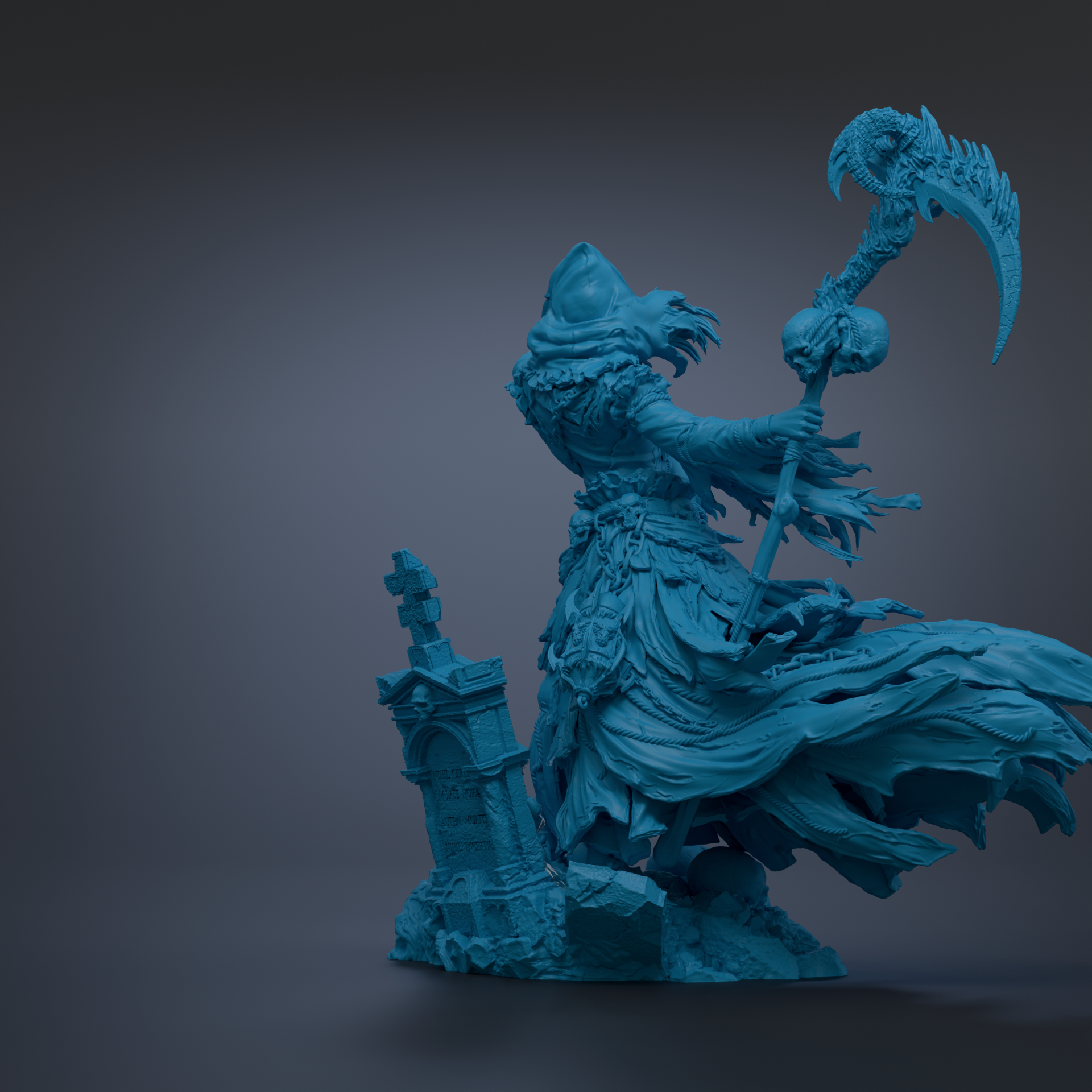 A dark blue, fantastical statue of a figure wielding a large weapon and surrounded by intricate, flowing robes and a skull-like headdress.