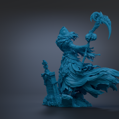 A dark blue, fantastical statue of a figure wielding a large weapon and surrounded by intricate, flowing robes and a skull-like headdress.