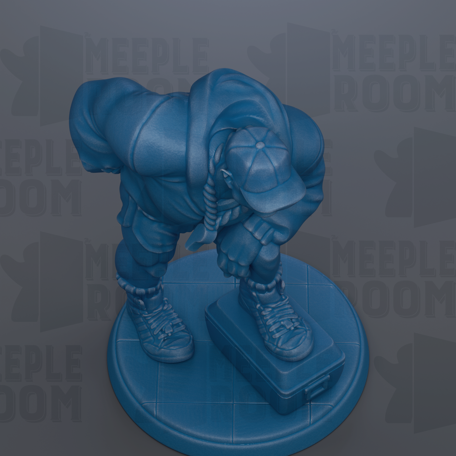 A blue statue of a person standing on a blue platform, with the text "MEEPLE ROOM" visible in the background.