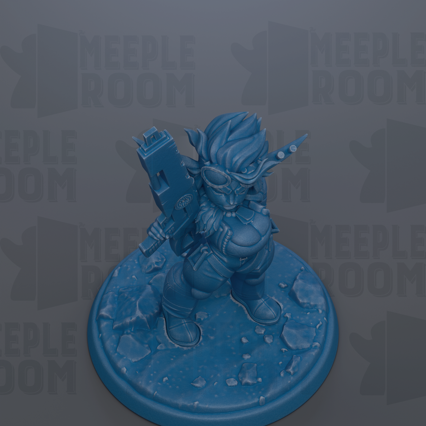 A blue figurine of a character holding a weapon, standing on a rocky base.