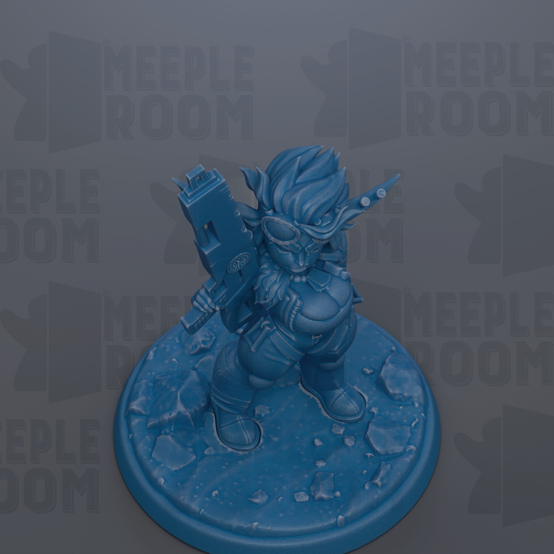 A blue figurine of a character holding a weapon, standing on a rocky base.