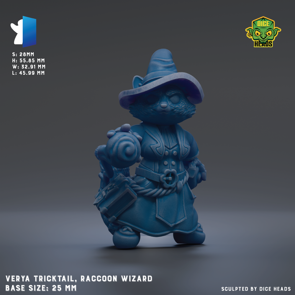 A blue, whimsical figurine of a raccoon-like creature with a pointed hat and a bag, resembling a wizard or trickster character.