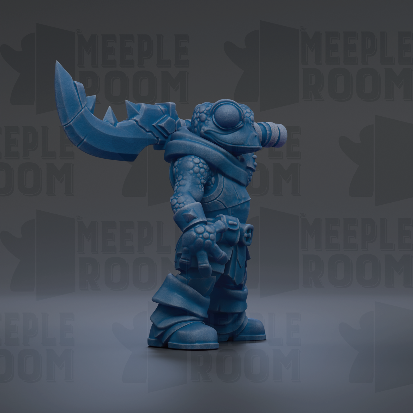 A blue, armored figure with a large weapon stands in the center of the image against a dark background with repeated text.