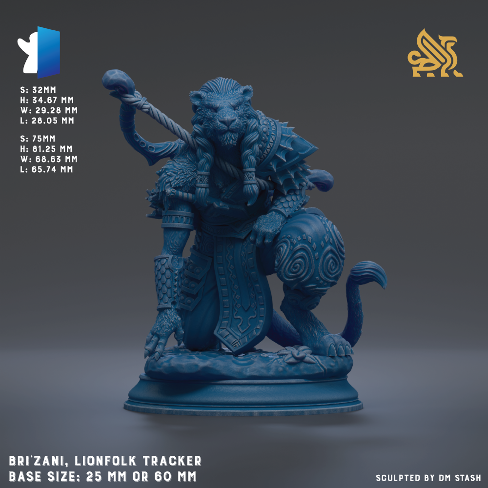 The image is a 3D rendering of a blue lion figurine, specifically a lion tracker, with a detailed design and intricate patterns. The base size of the figurine is either 25mm or 60mm, depending on the perspective. The image is a sculpture, and it is created by a person named DM Stash.