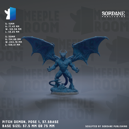 a pitch-like figure with wings, standing on a base. The figure is described as a pitch- demon, and it is shown in a pose with one foot on the ground and the other foot extended. The base size of the figure is 37.5-5.5mm or 75-mm. The image is a collage of multiple images, and it is described as a pitch- demon, a pitch-like figure with wings, and a pitch-like figure with wings.