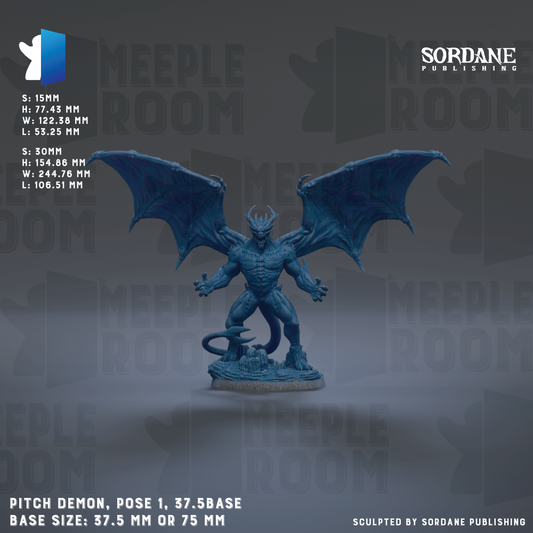a pitch-like figure with wings, standing on a base. The figure is described as a pitch- demon, and it is shown in a pose with one foot on the ground and the other foot extended. The base size of the figure is 37.5-5.5mm or 75-mm. The image is a collage of multiple images, and it is described as a pitch- demon, a pitch-like figure with wings, and a pitch-like figure with wings.