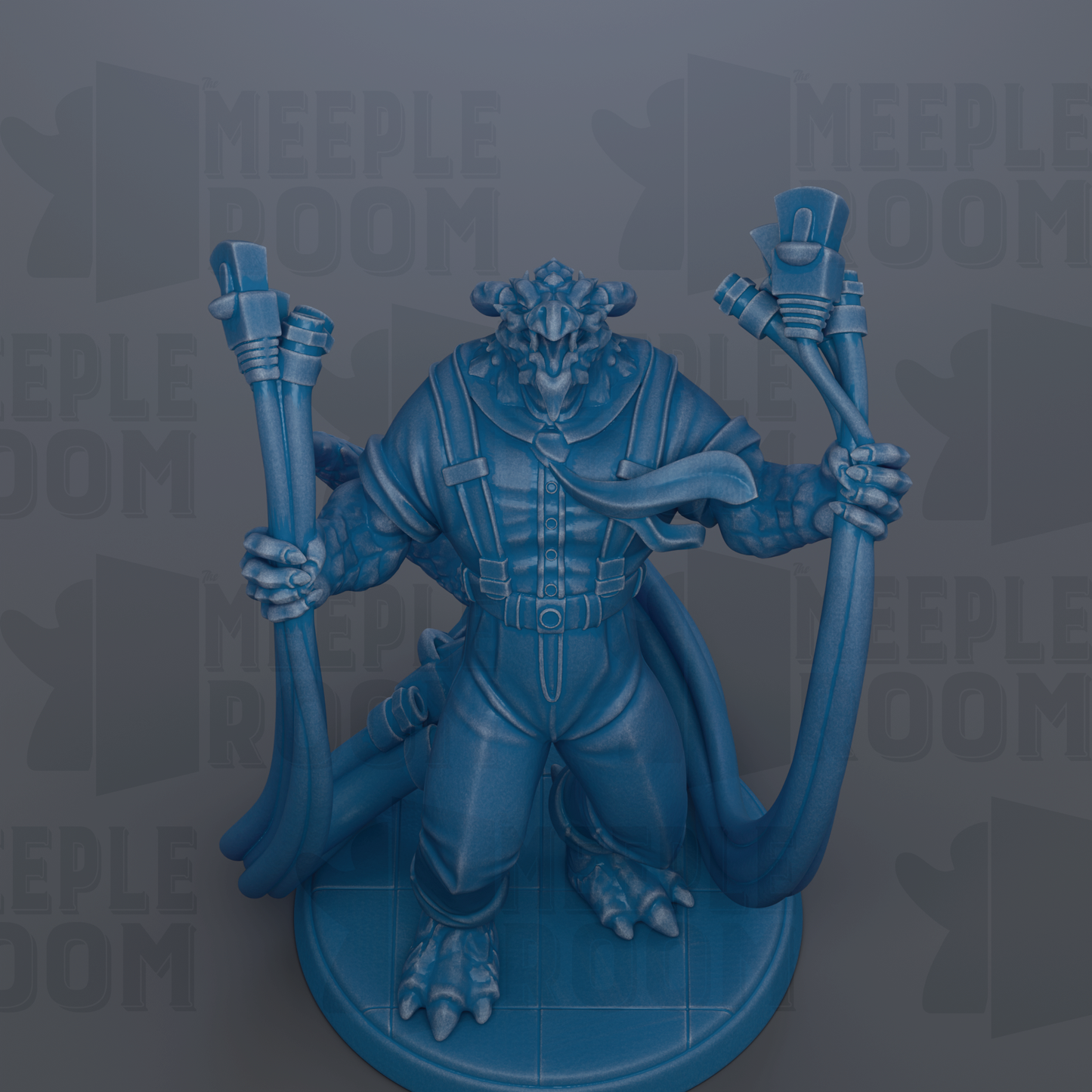 A blue, 3D-rendered figurine of a fantastical creature, possibly a dragon or serpent, holding various tools and equipment in its hands.