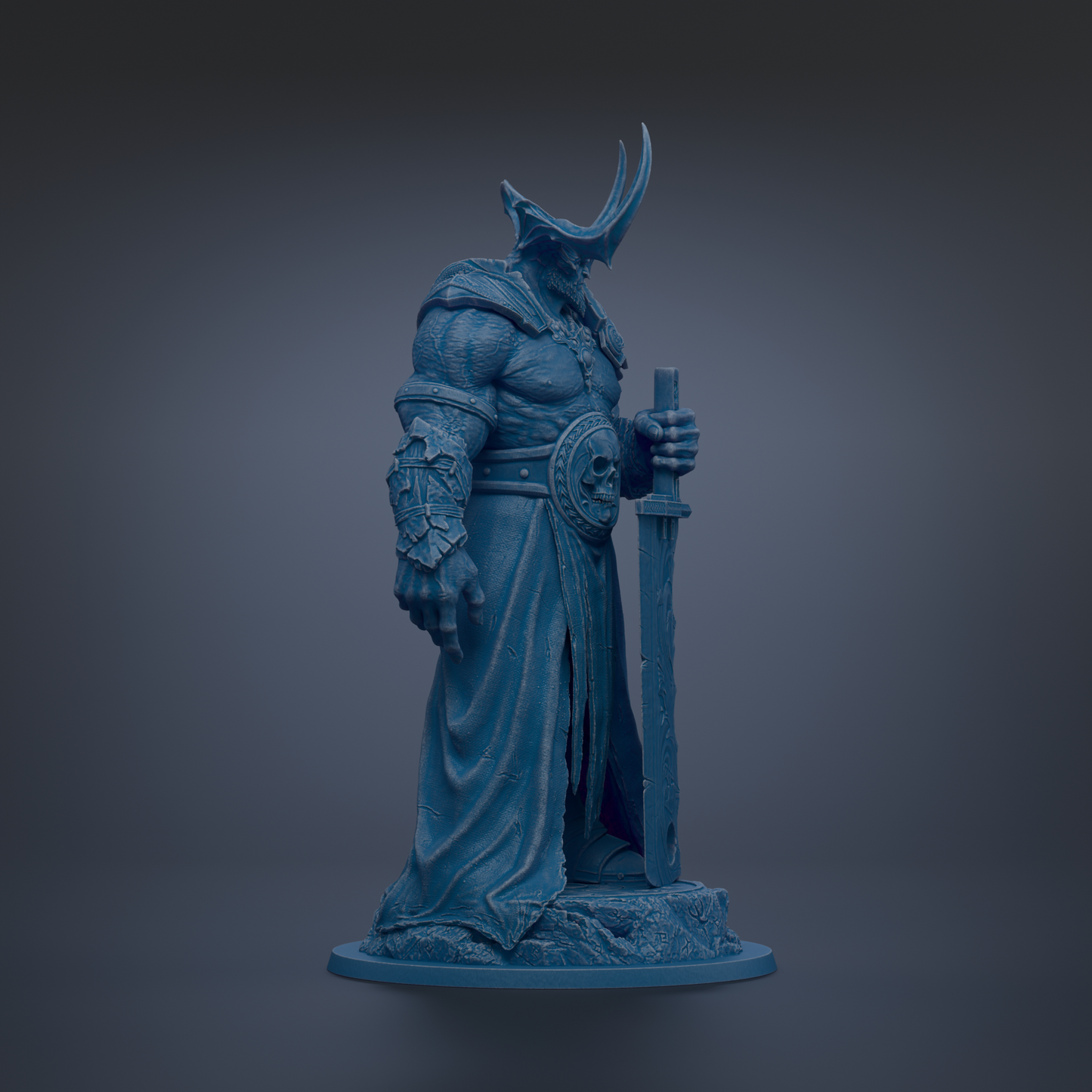 A blue statue of a warrior figure holding a sword and shield, standing on a rock base against a dark background.