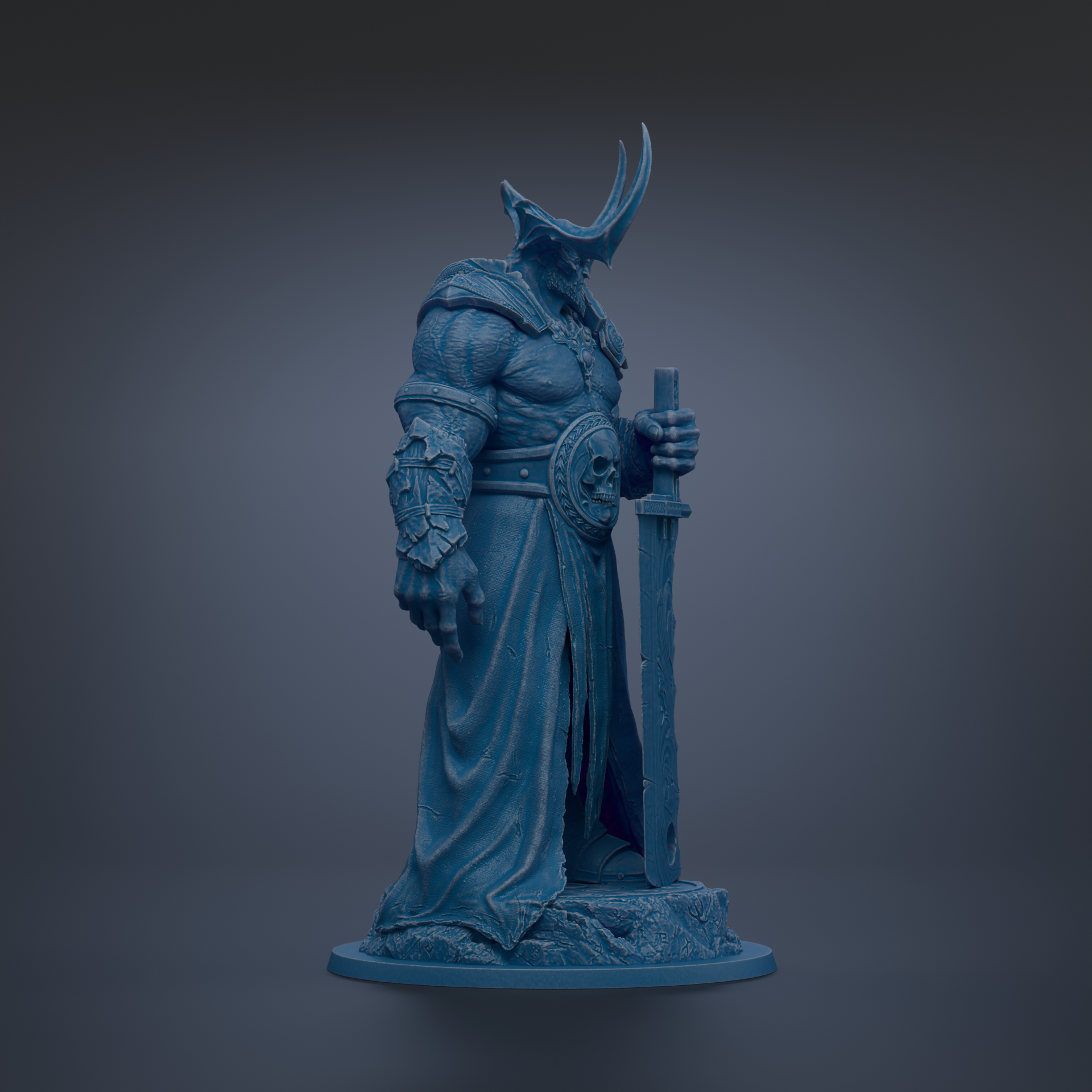 A blue statue of a warrior figure holding a sword and shield, standing on a rock base against a dark background.