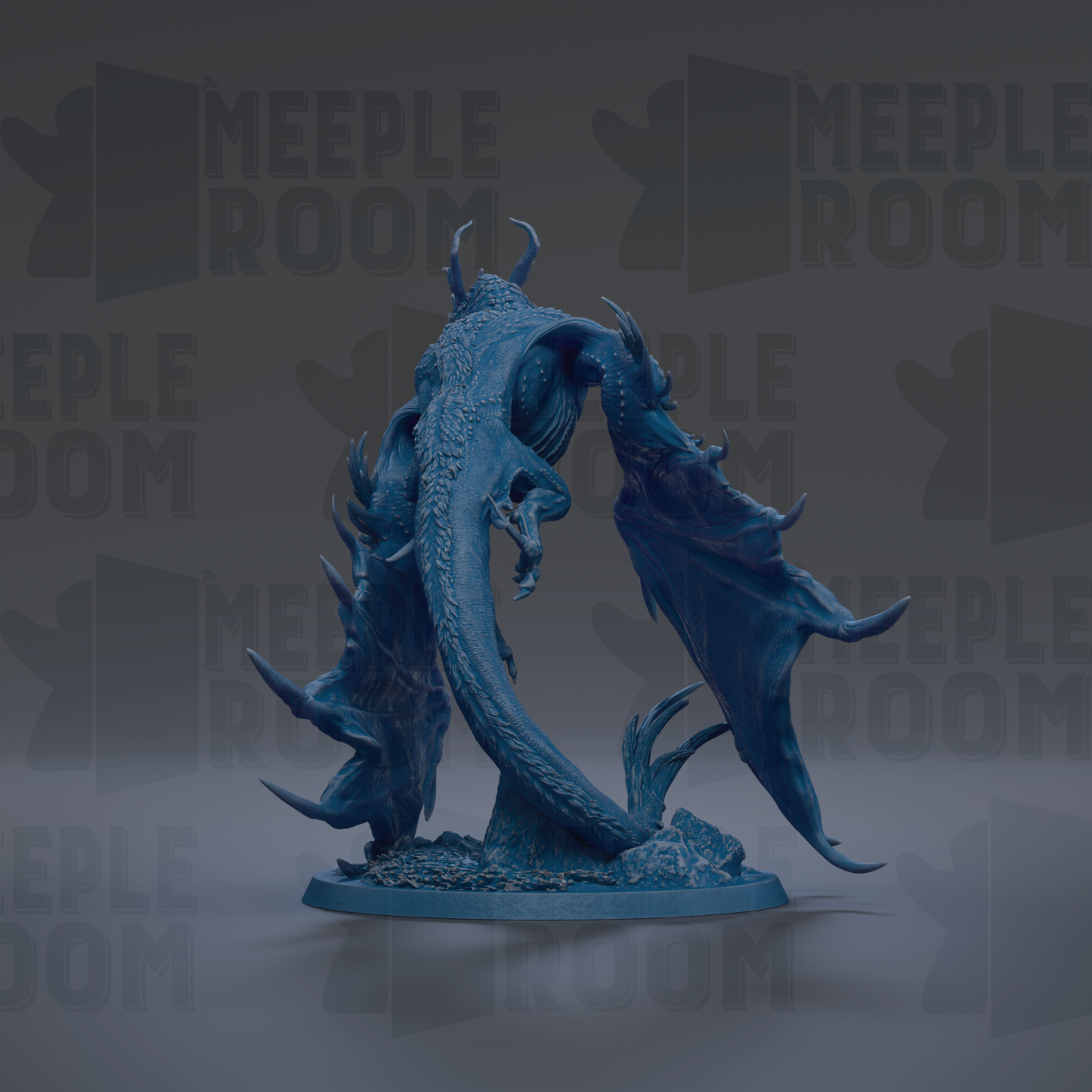 A blue, 3D-rendered dragon figurine is displayed against a dark background with repeated text.