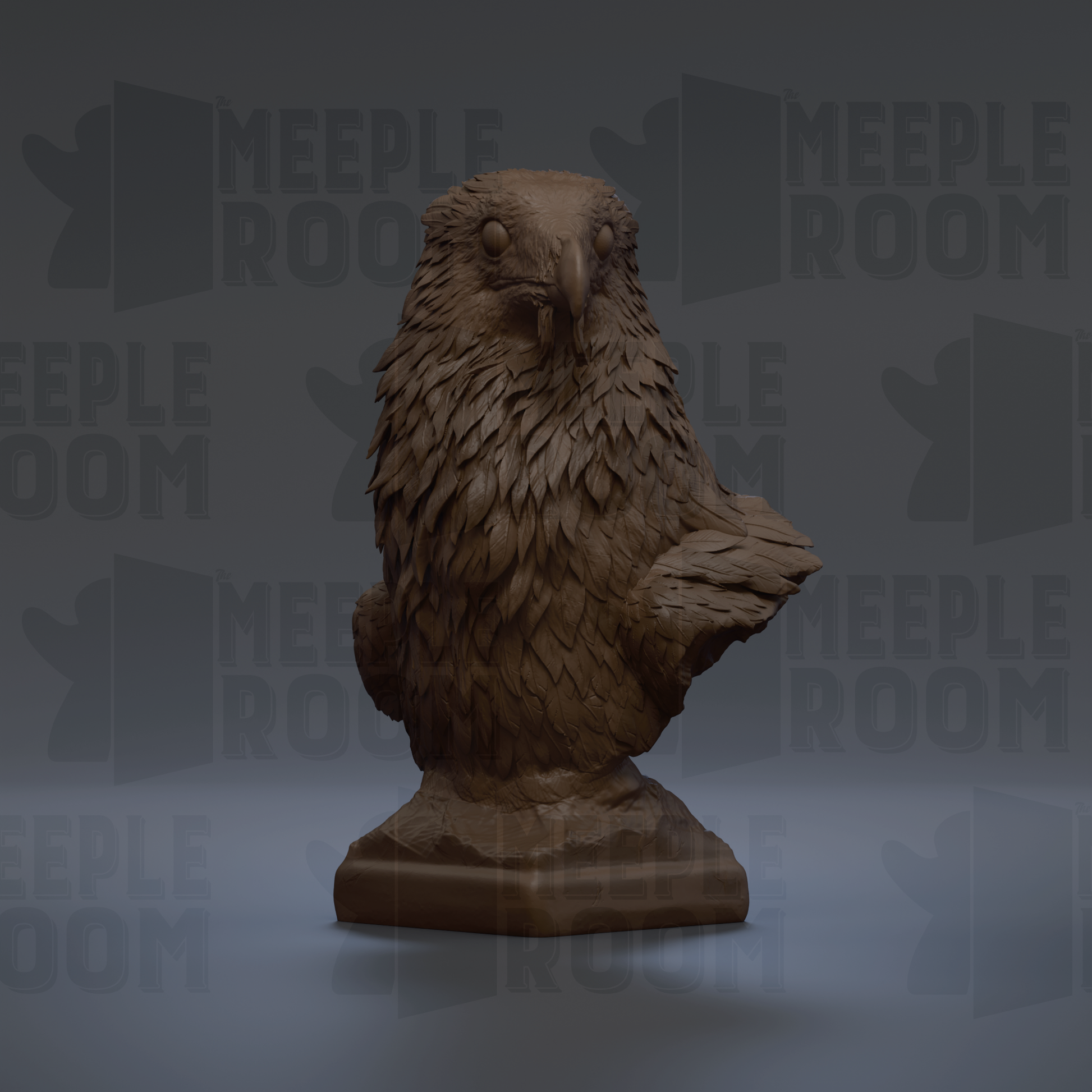 A 3D rendering of a bird statue, likely an eagle, sitting on a pedestal. The background features the text "MEUPLE ROOM" repeated multiple times.